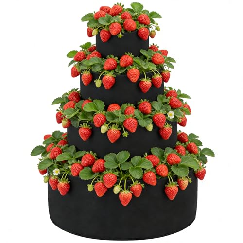 BOUTICOL 4 Tiered Black Fabric Strawberry Planter 36 28 20 12 inch Strawberry Tower Planter Stackable Planters Strawberry Grow Kit