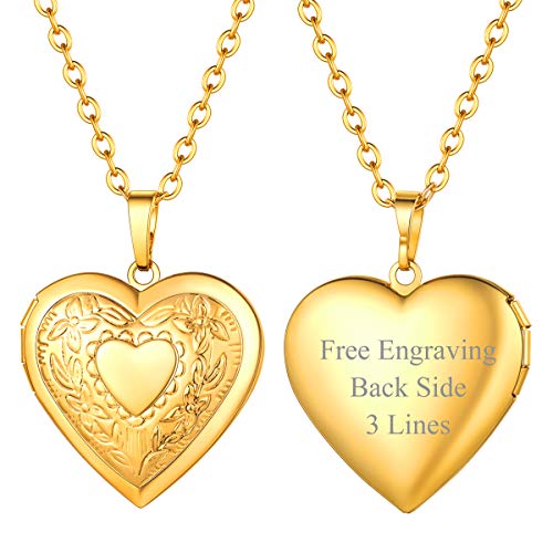 FOCALOOK Collier Personnalisé Prénom Pendentif Femme Coeur Porte Photo Médaillon Personnalisé Gravé Plaqué Or avec Texte Bijou Cadeau Noël Chaîne...