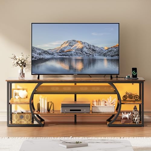 DWVO TV Stands for Living Room, LED Entertainment Center with Storage, TV Stand for 70 inch TV,TV Console Cabinet with Power Outlets, Rustic Brown