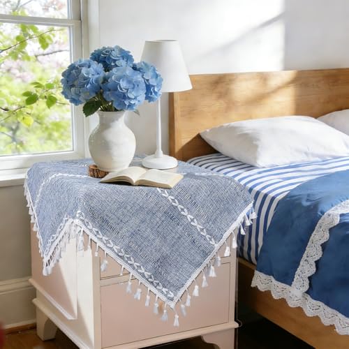 Dusty Blue and White Small Tablecloth 24''x24'', Spring Boho Square Nightstand Cover, Rusitc Farmhouse Coffee Table Cover for End Table, Blue French Country Dresser Scarf Summer Coastal Home Decor