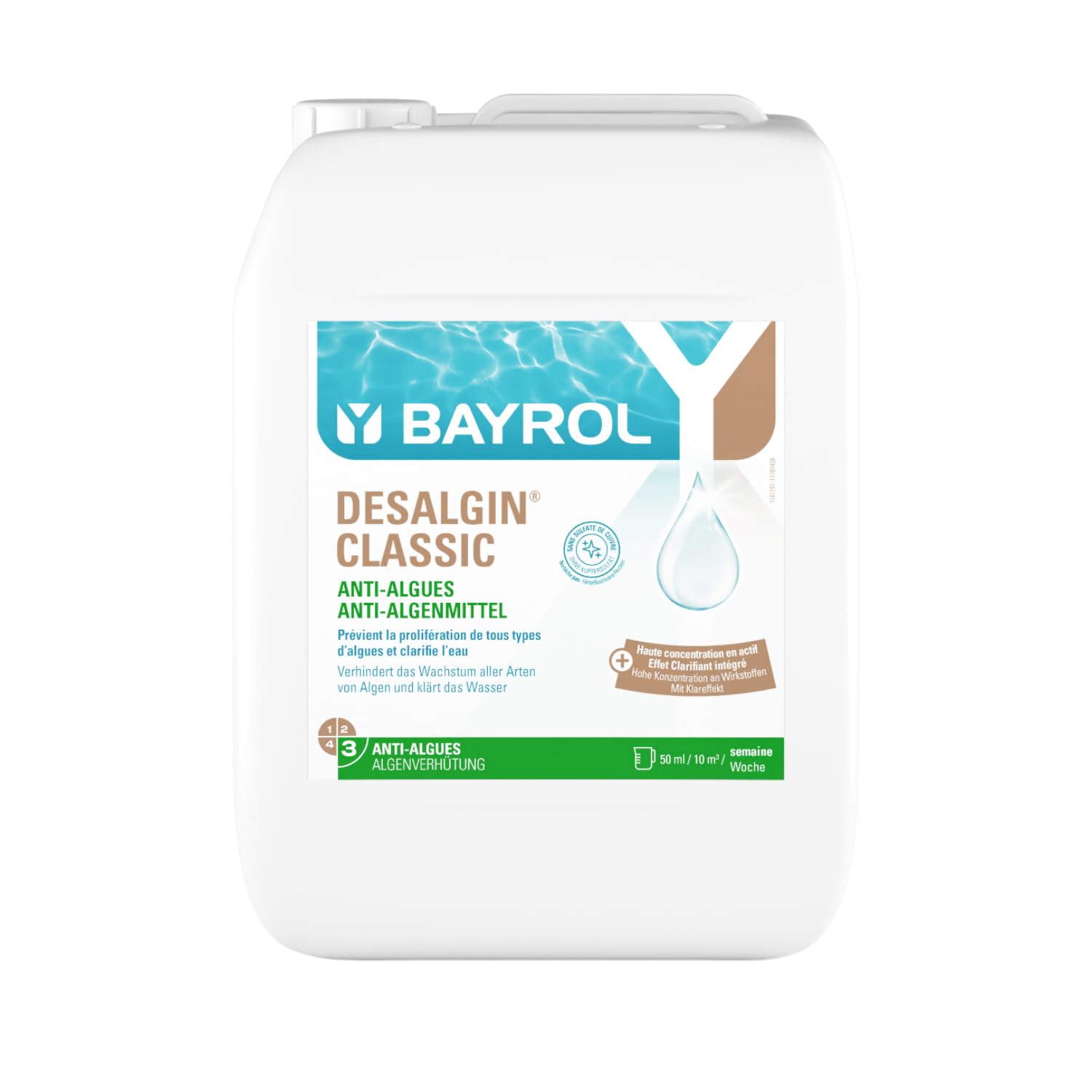 BAYROL Desalgin Classic 10 L - Lang anhaltender Schutz gegen die Entwicklung und das Wachstum von Algen. Wirkt gegen die häufigsten Algenarten, BauA No.: N-102109
