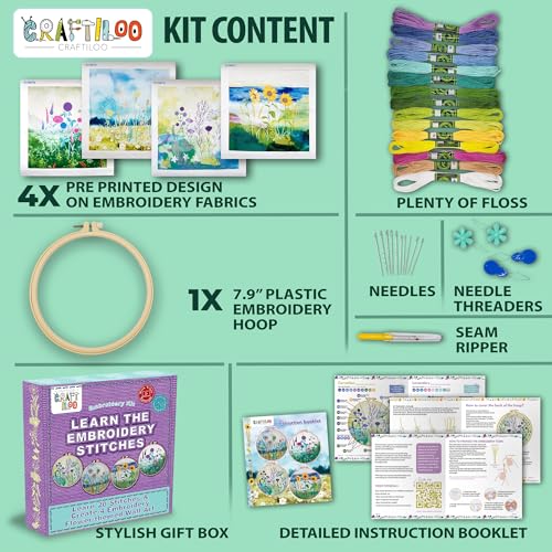 Image of CRAFTILOO Embroidery Kit for Beginners Adults - 4 Floral Stamped Patterns, Learn 17 Stitches | Needlepoint Kit for Adults with Hoop, Needles, Thread & Video Tutorial | Hand Embroidery Kits for Women