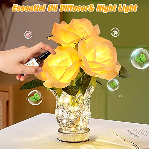 Tynled Rose Table Lamp, Rechargeable Small Desk Lamp Artificial Flower Night Light Fake Bouquet 3 Heads With Glass Vase For Bedroom Living Desk Home Decor (Rose) #TOP2