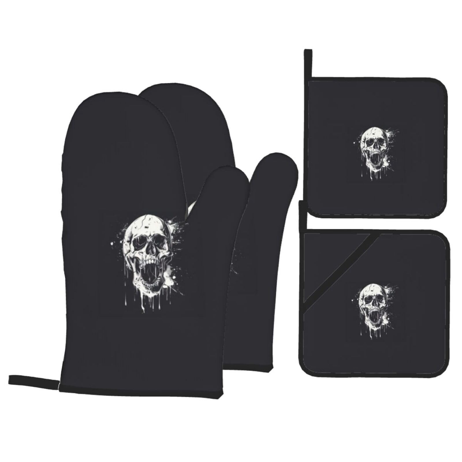horror ghost skull Print 4-Piece Oven Microwaving Set Waterproof Kitchen Gloves for Baking Grilling Cooking