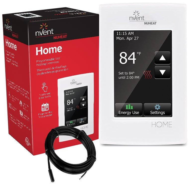 Nuheat Home Floor Heating Thermostat AC0056 + Floor Heating Sensor for Replacements or New installations 120V/240V Compatible Built in GFCI 3.5 Color Programmable Touchscreen