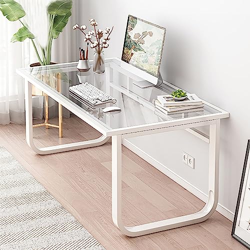 Moderno escritorio de cristal para computadora con patas de metal, color blanco, 120 x 70 x 72 cm, elegante mesa de estudio de escritura para oficina en casa y espacios pequeños, estación de trabajo