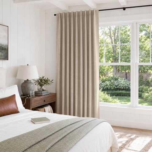 Image of 100% Blackout Shield Linen Blackout Sliding Door Curtains for Living Room, Back Tab /Rod Pocket Thermal Insulated Curtains for Sliding Glass Doors, 1 Panel Set, 100 inch W x 108 inch L, Oatmeal