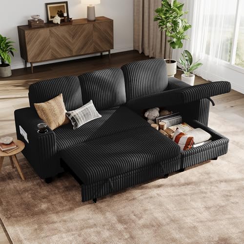 Image of LINSY HOME Sectional Sleeper Sofa with Pull Out Couch Bed - Convertible Plush Corduroy Cloud Couch with Storage Chaise & USB Charging, Comfy L Shaped Modular Couches for Living Room Apartment, Black