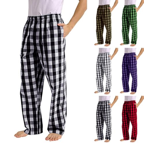 Mens Lounge Pants with Pockets Causal Fashion Plaid Print Sport Sweatpants Loose Fit Stretch Waist Plaid Pajama Pants