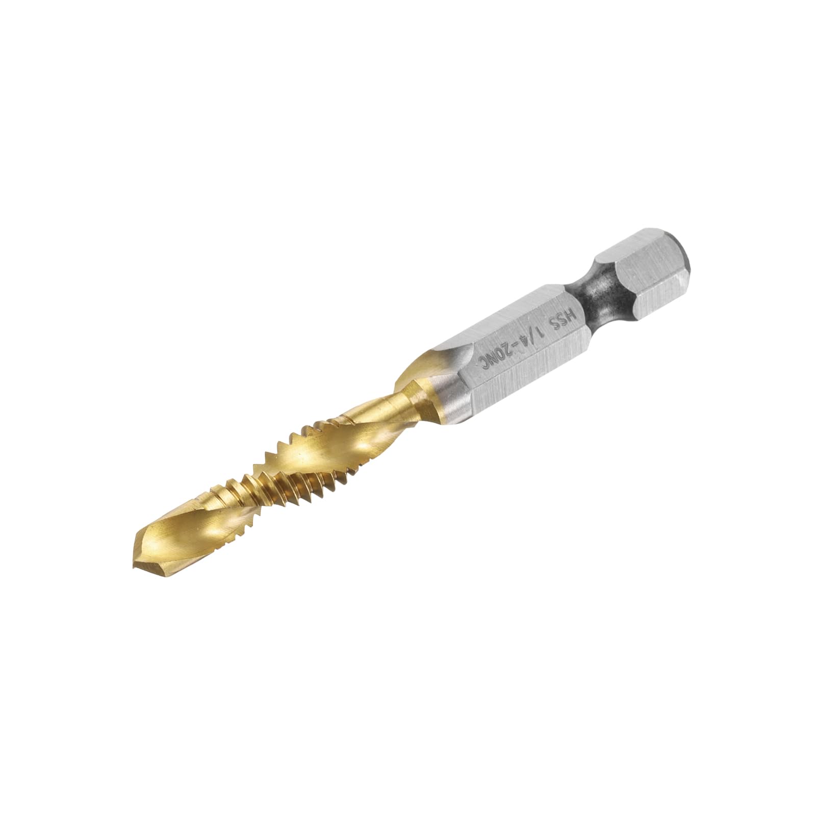 Punta combinata per trapano e maschiatore, filettatura SAE 1/4-20NC, gambo esagonale da 1/4", maschi per filettatura rivestiti in titanio, utensile per maschiatura a spirale, acciaio rapido (HSS) 4