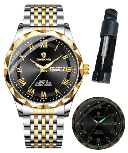 Image of BINBOND Men's Watch Luxury Business Dress Analog Quartz Stainless Steel Casual Date Wrist Watches for Men Easy Read Roman Numeral Large Dial Waterproof Luminous