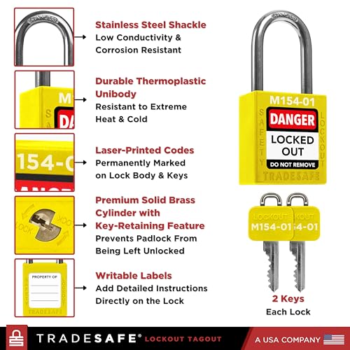 Image of TRADESAFE Lockout Tagout Locks Set with Master Keys - 10 Yellow Loto Locks Keyed Different, OSHA Compliant Lock Out Tag Out Padlocks for Lockout Tagout Kit, 2 Keys Per Lock