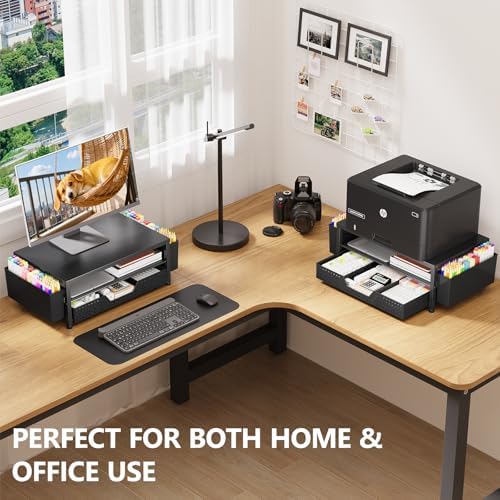 OPNICE Desk Organizers and Accessories, Computer Monitor Stand Riser with Drawer and 2 Pen Holders, Printer & Laptop Stand, Office Desk Accessories & Workspace Organizers for Home Office Supplies, Black - 4