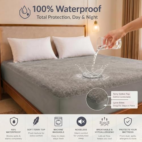 Image of Cotton Feel Terry 78x60 inch Ultra Soft Waterproof Mattress Protector Queen Size | Breathable Hypoallergenic Mattresses Cover for Queen Size Bed (Grey)