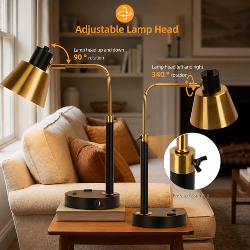 Image of Adjustable Desk Lamp with Dual USB-C /A & AC Outlet 340 Swivel Lamp Head | Metal Desk Lamp,Weighted Base,Table Lamp for Home Office, Bedroom & Reading, Black with Brass Accents (Bulb Not Included)