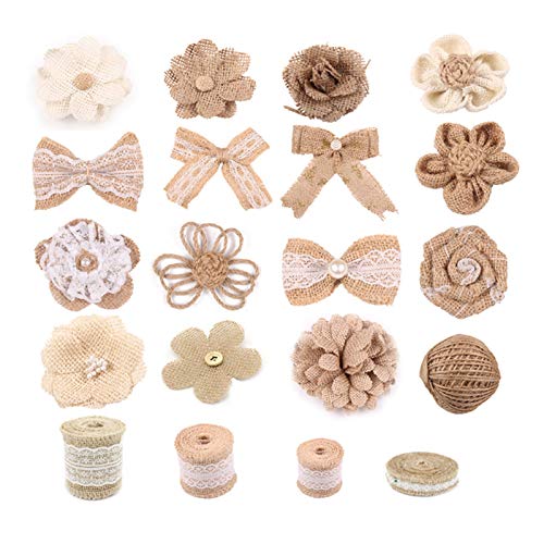 20 Pcs Natural Burlap Flowers Handmade Burlap Rose Flowers Burlap Rustic Lace Flowers Bowknots Party Wedding Decoration DIY Crafts Burlap Lace Ribbon Rolls Natural Jute Twine Set 4 YiCTe