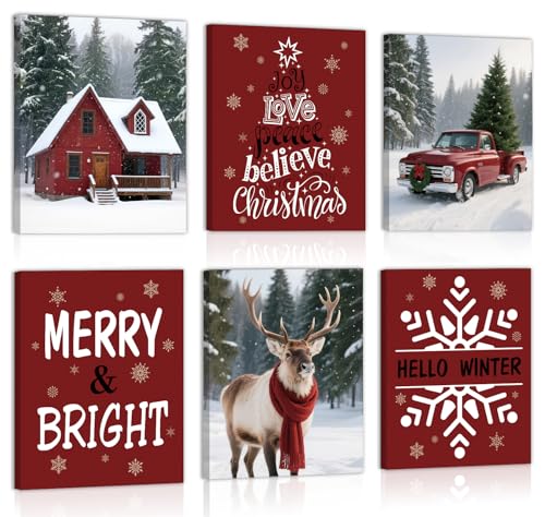 HOURIA 6Pcs Vintage Christmas Wall Art (8”x10”), Joy Love Peace Believe Christmas Reindeer Red Truck Wall Decor,Hello Winter Snowflake Wall Painting,Xmas Holiday Merry And Bright Art Prints for Home Bedroom Office