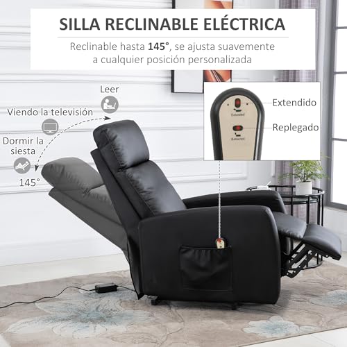 HOMCOM Sillón Levanta Personas Sillón Relax Eléctrico Sillón Elevador Reclinable 145° con Control Remoto Reposapiés para Personas Mayores 67x95x105 cm Negro - imagen 6