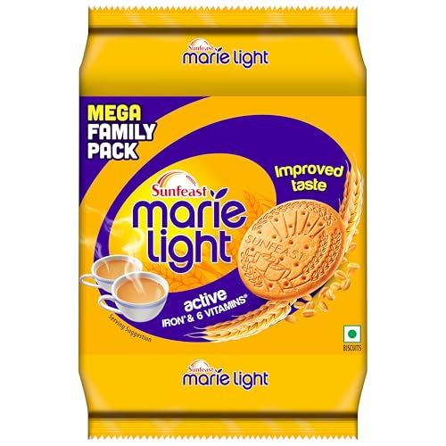 Image of Sunfeast Marie Light Active, Marie Biscuits with Iron and 6 Vitamins, Tea-Time Biscuits Family Pack, Wheat, 956G /1KG (Pack of 3)