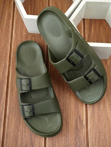 Image of HEALTH FIT Extra Soft Premium Classic Cushion Sliders /Slippers with Adjustable Buckle Strap & Light Weight Anti-SkidWaterproof Flip Flops for Men's HF150