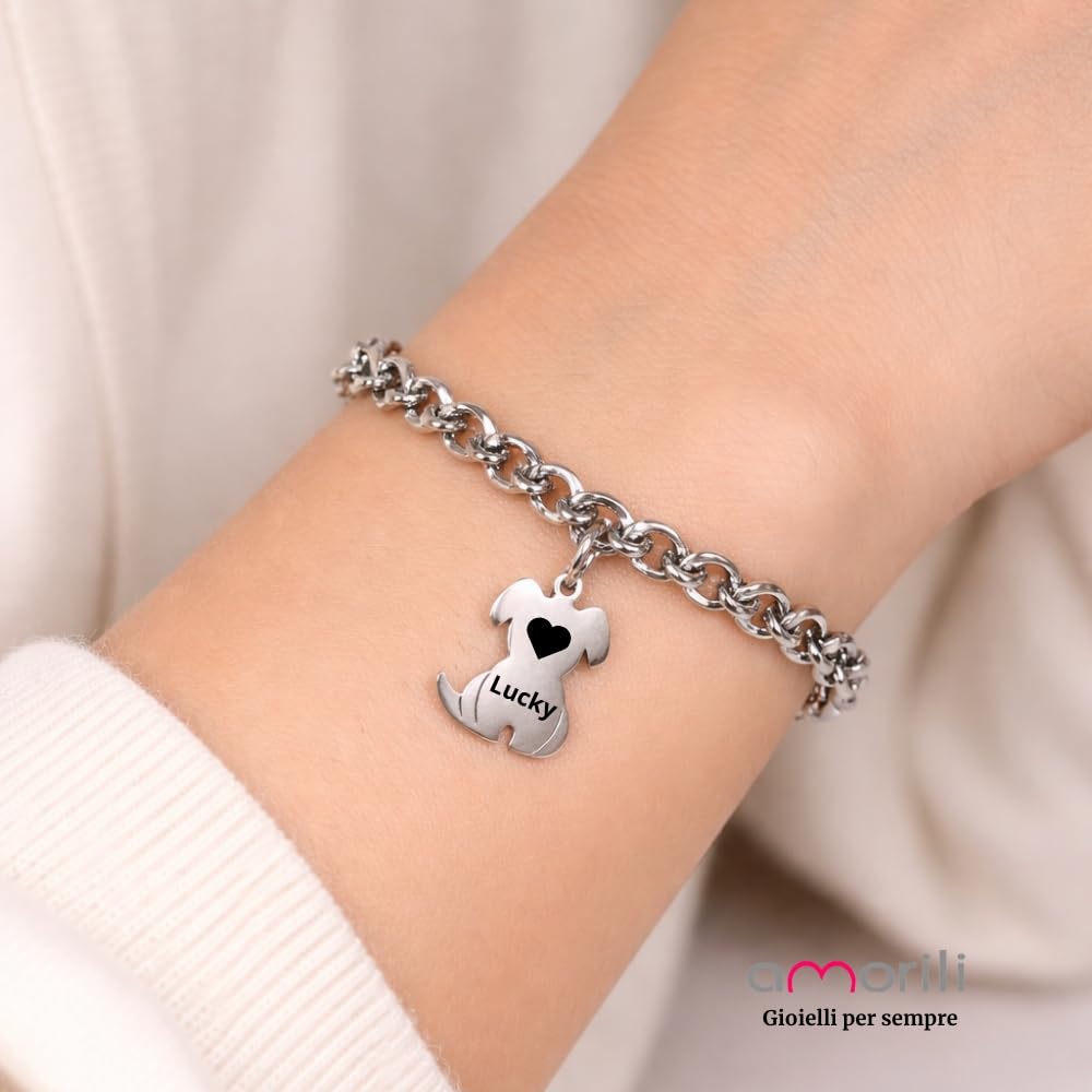 Bracciale Cane Personalizzato con Nome – Cagnolino in Acciaio Inox per Amanti degli Animali Gioiello Personalizzabile