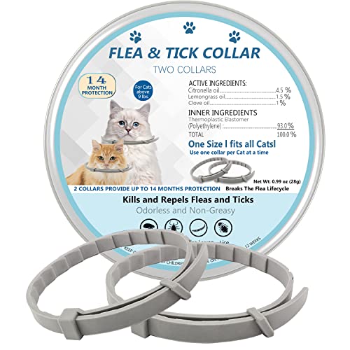 Flea and Tick Collar for Cats, 2 Pack Flea Collar for Cats, Offers 12 Months Protection, Waterproof, Adjustable, One Size Fits All Cat