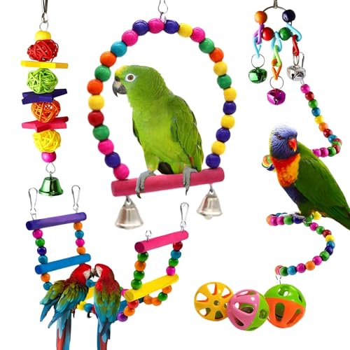 Image of Bird Toys Parakeets Cage Accessories: 8Pcs Parrot Toy Swing Ladder Natural - Small Birds Supplies for Cockatiel Conure Lovebird Budgie Canary Finches Quaker