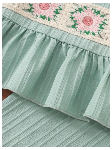 Image of WDIRARA Girl's 2 Piece Outfits Boho Floral Crochet Ruffled Sleeveless Cami Top and Wide Leg Pants