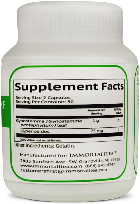 Immortalitea Gynostemma Capsules (Jiaogulan) - Whole Leaf Full Spectrum - Natural Adaptogen & AMPK Activator Supplement - Veggie Capsules - 100 Count, 500mg - Image 2