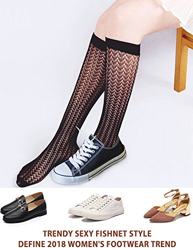 VERO MONTE 4 Pairs Women's Fishnet Knee High Socks - Stylish Black + Hollow Out2