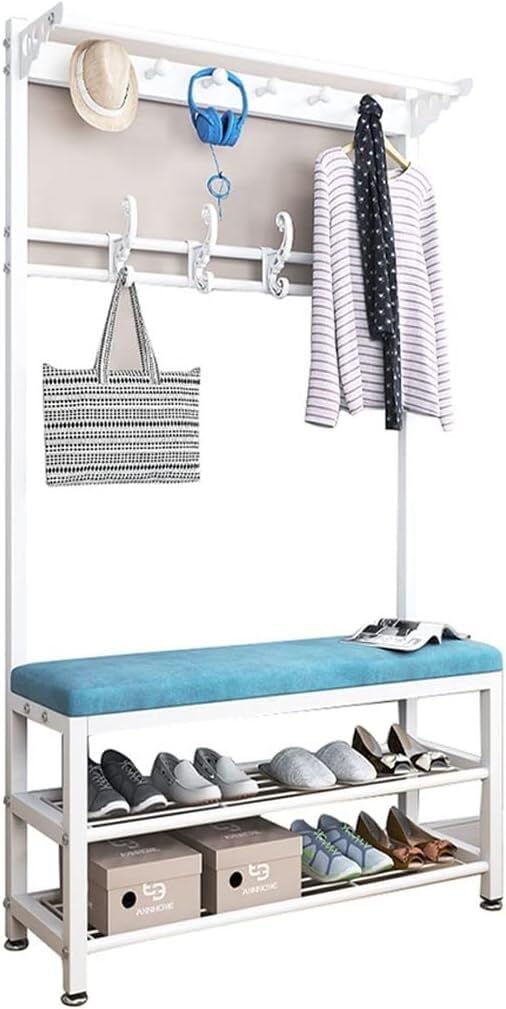 KIJyfgTR Coat Rack Freestanding Entry Hall Tree Hanging Rail Clothes Stand With Storashelves, For Entryway, Hallway(White Blue,80Cm)