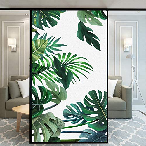 Xijier No Glue Decorative Privacy Frosted Window Film Tropical Plants Pattern Glass Door Window Covering Window Decals Window Sticker for Home Office 55x80cm(21.6