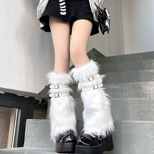 Image of QZUnique Faux Fur Leg Warmer with PU Belt Warm Furry Winter Boot Cuff Covers Women Fuzzy Leg Sleeves Party Accessory Set