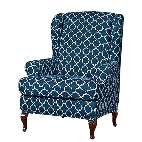 YUENA CARE Wing Chair Cover Printing Spandex High Stretch Slipcovers for Wingback Chairs Slip Resistant 2 Pieces Arms Printing Fabric Furniture Protector Navy Blue One Size