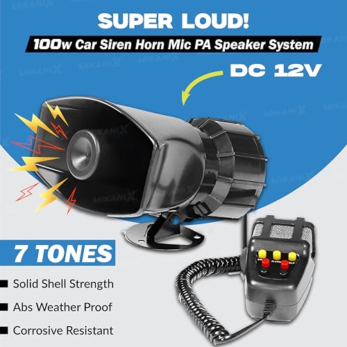 Image of MIKANIX 7 Tone Police Car & Bike Siren Horn Hooter with Mic | PA Speaker System | Super Loud Sound | DC 12V | Remote Control Alarm Buzzer
