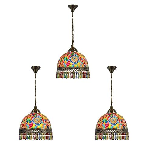 LEDSone Haga clic en la imagen para ampliarla. Lámpara colgante de mosaico de vidrio de estilo turco, hecha a mano, lámpara de araña decorativa multicolor de vitrales. (3 Paquetes, Sin bombilla)
