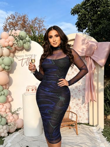 Image of MOEENCN Women's Sexy Long Sleeve Sheer Mesh Midi Bodycon Dress 2 Piece Set