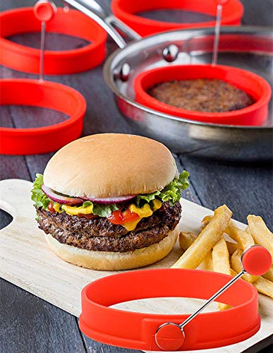 Red Round Silicone Egg Rings with Handle - for Pancake Breakfast Sandwiches(8-pack)