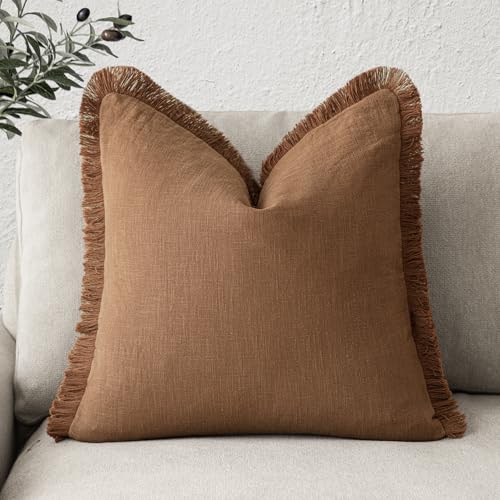 Image of Foindtower Decorative Linen Fringe Throw Pillow Covers Cozy Boho Farmhouse Cushion Cover with Tassels Soft Accent Pillowcase for Chair Sofa Bed Living Room Home Decor, 22x22 Inch, 1PC,Orange Brown