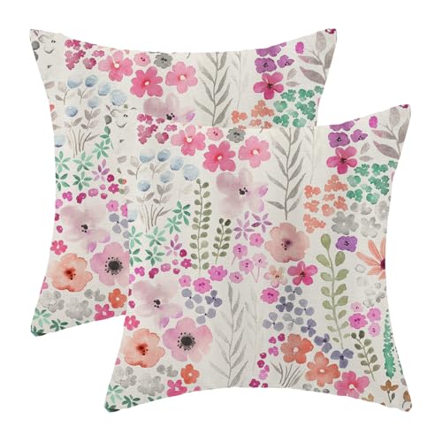 Colorful Floral Pillow Covers 18x18 Inch Set of 2,Spring Purple Flower Leaves Throw Pillows Case,Watercolor Wildflower Summer Outdoor Decorative Farmhouse Decor Cushion Covers for Home Sofa Bed