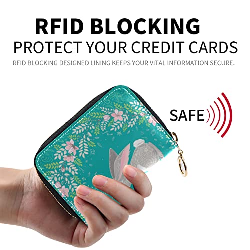 Happy Easter Two Hares, Floral Wreath, Floral Ornament on TurquoiseGrey Credit Card Coin wallet, RFID Blocking Compact Women Leather Card Holder, Key Change Organizer, Zipper Purse Clutch Pouch2