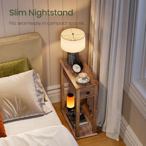 Image of Farmhouse End Table, 2-Tier Narrow Side Table with Drawer, Wooden Nightstand, for Small Space, Living Room, Bedroom