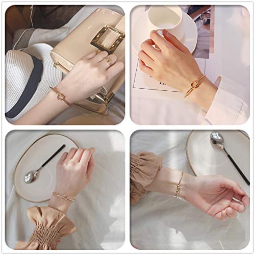 Starain 4Pcs Rose Gold Bracelets for Women Simple Leaf Arrow Feather Knot Heart Bangle Bracelet Adjustable Cuff Bracelet Set2