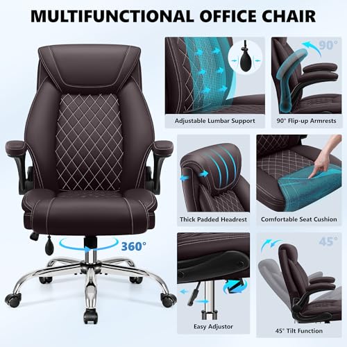 Image of BestGlory Executive Office Chair with Lumbar Support, Big and Tall Ergonomic Computer Desk Chair, Leather Comfy High Back Gaming Chair with Flip Up Arms & Rocking Function for Home Office, Coffee