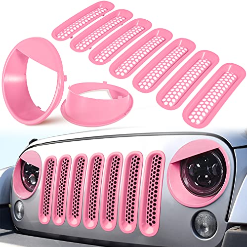 Image of Front Grille Mesh Inserts & Headlight Cover for Jeep Wrangler JK JKU Sport Freedom Rubicon Sahara Unlimited 2007-2018 Exterior Accessories Clip-in Grille Guard Headlight Bezels Trim (Matte Pink)