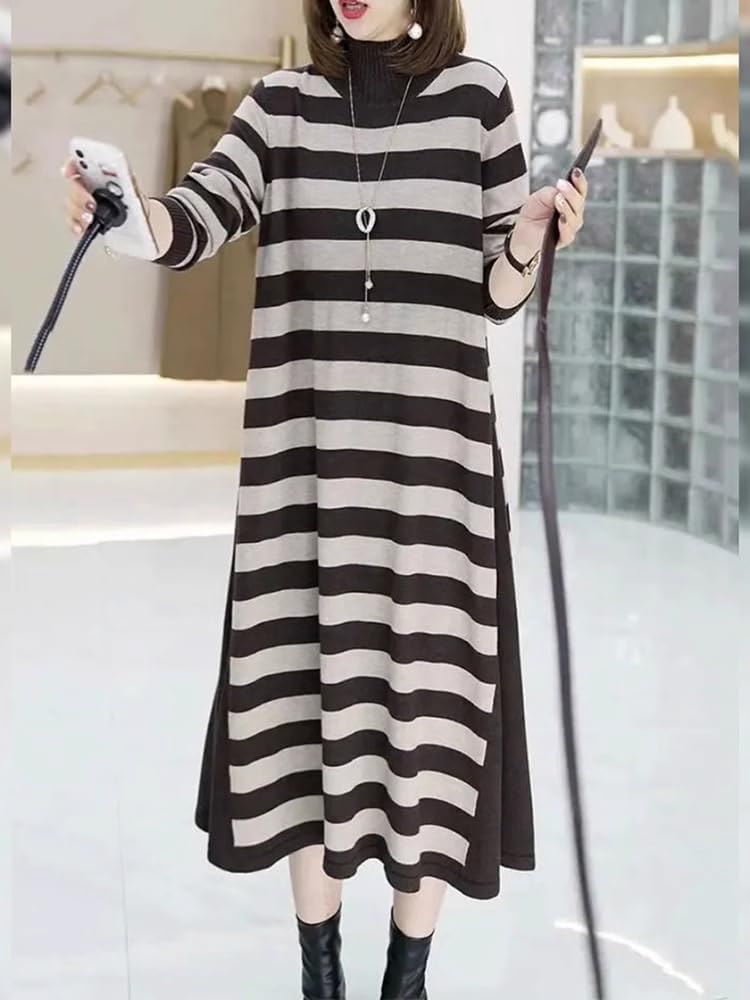 LIXINGHEITANG Elegant Knitted Dress for Women, Autumn and Winter Over-The- Sweater Skirt with Loose Slimming Striped Shirt