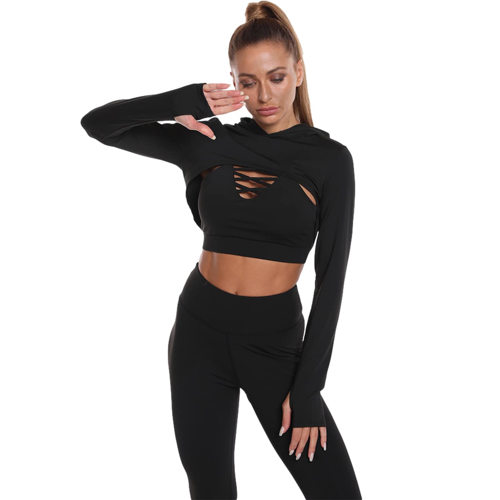 Donna 3 Pezzi Tuta da Yoga Gym Allenamento Sexy Reggiseno a Canotta Incrociato + Top Corto con Cappuccio + Legging Palestra Fitness Abbigliamento Sportivo