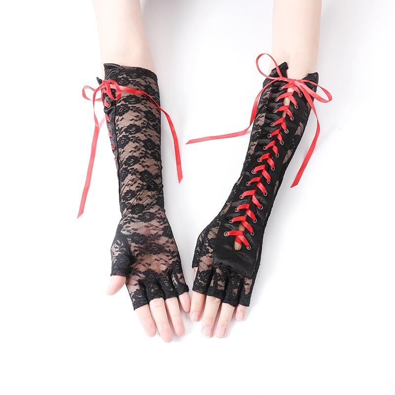 Specell Long Lace Fingerless Gloves Women Fingerless Gloves For Bridal Wedding Prom Party Costume Accessories: A-b- Black and Red - Fingerless Gloves