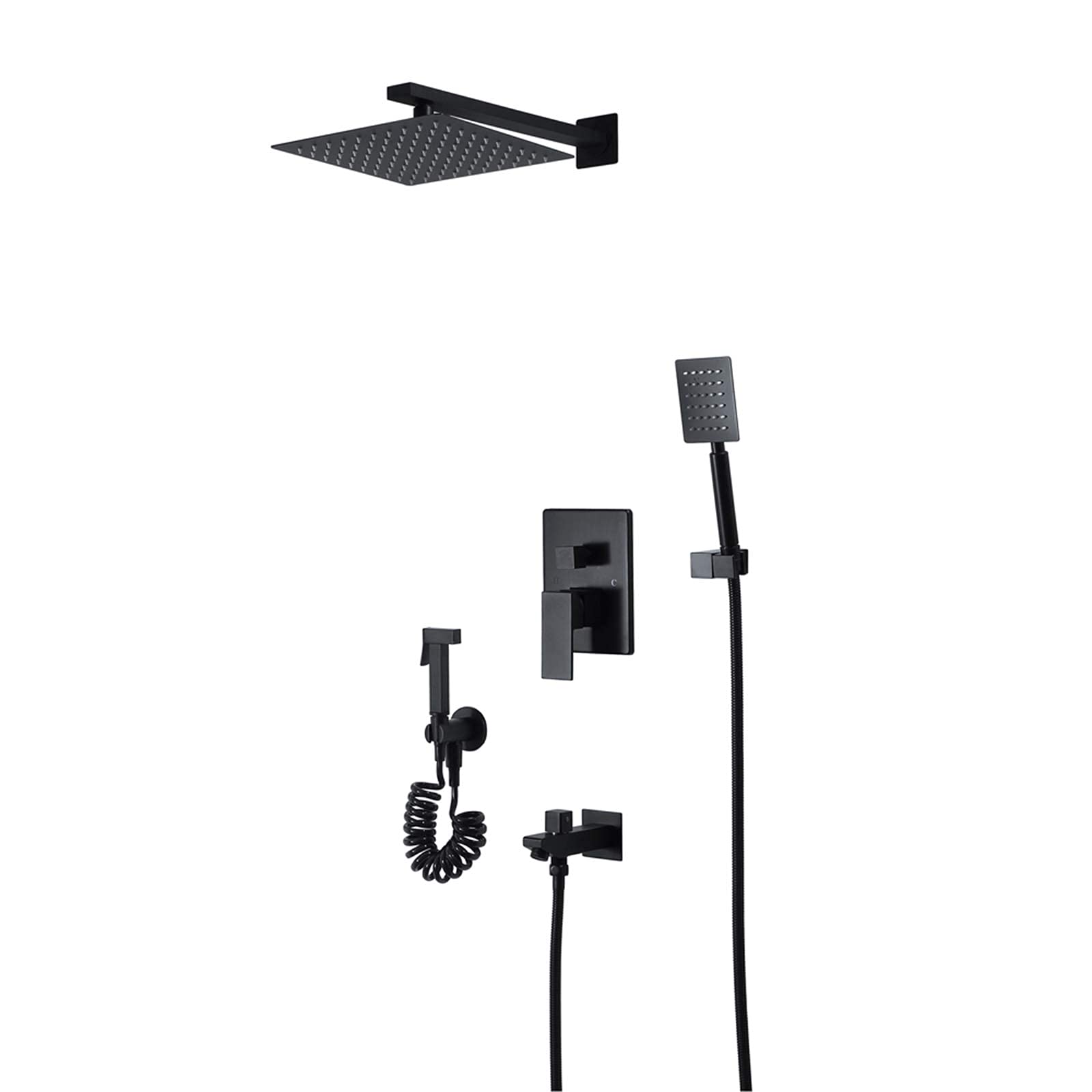 AYCDL Black Rain Mixer Shower Combo Set Wall Mounted Bathroom Shower Faucet Set with Square 10 Inches Shower Head, Handheld Shower, Tub Spout, Bidet Sprayer