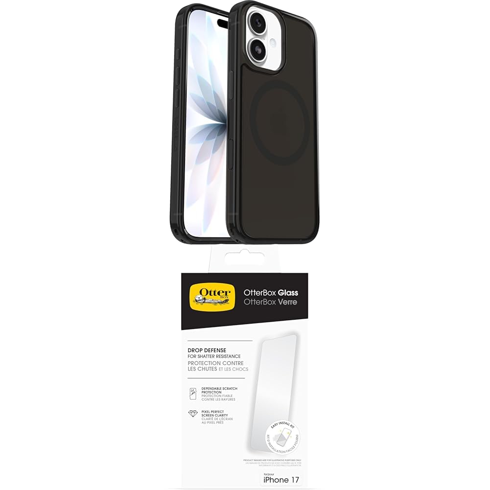 OtterBox Symmetry Series Clear MagSafe funda para iPhone 17, Testada 3x con los estándares Militares anticaídas, Black Mist + OtterBox Glass Protector de Pantalla de Cristal Templado